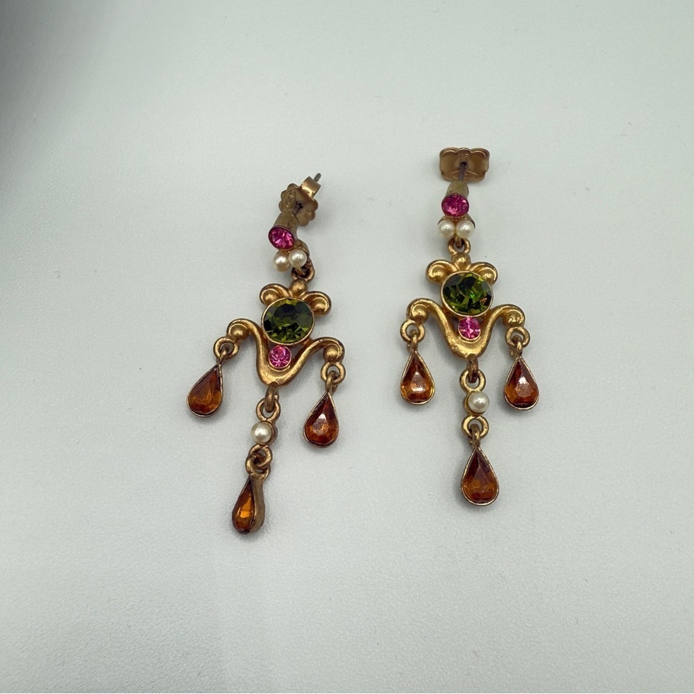 Avon Vintage Bronzy Gold and Green Floral Dangle Earrings - Picture 3 of 12